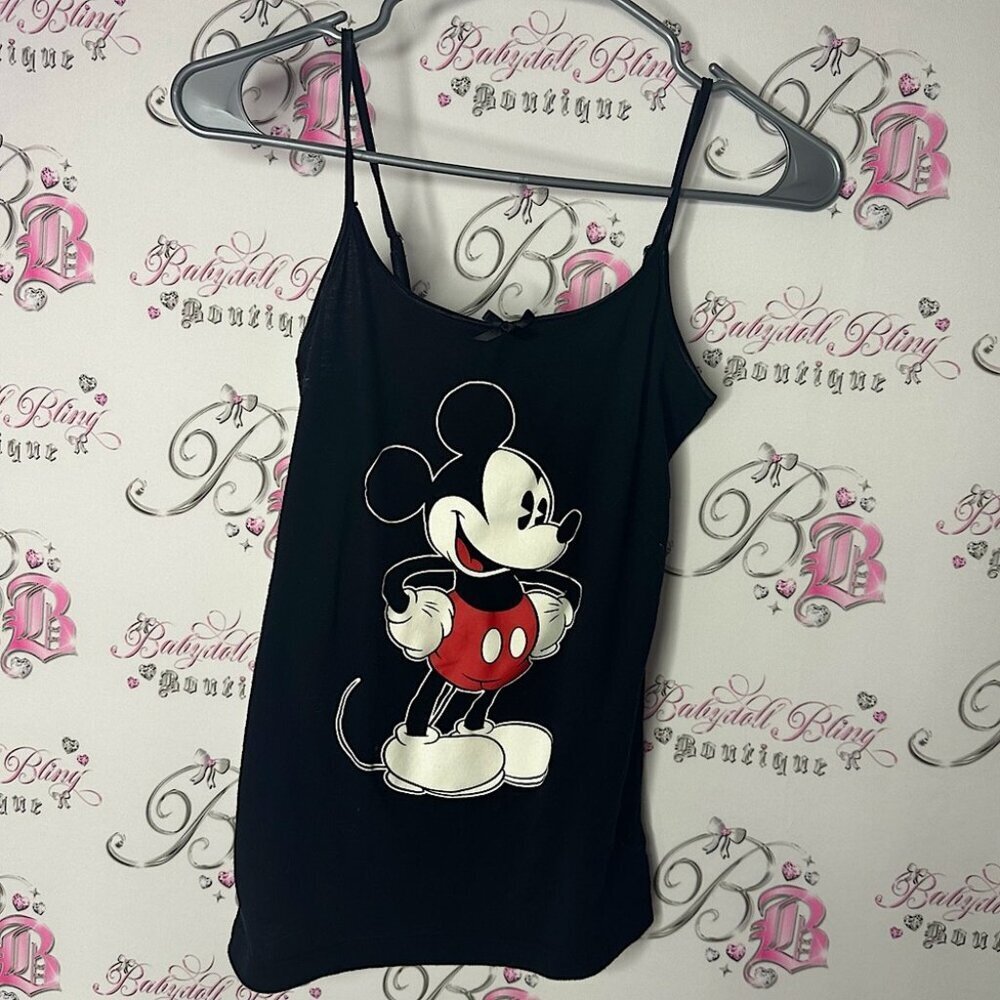 Disney Black Mickey Mouse Tank Top camisole stretchy iconic mouse ribbon bow